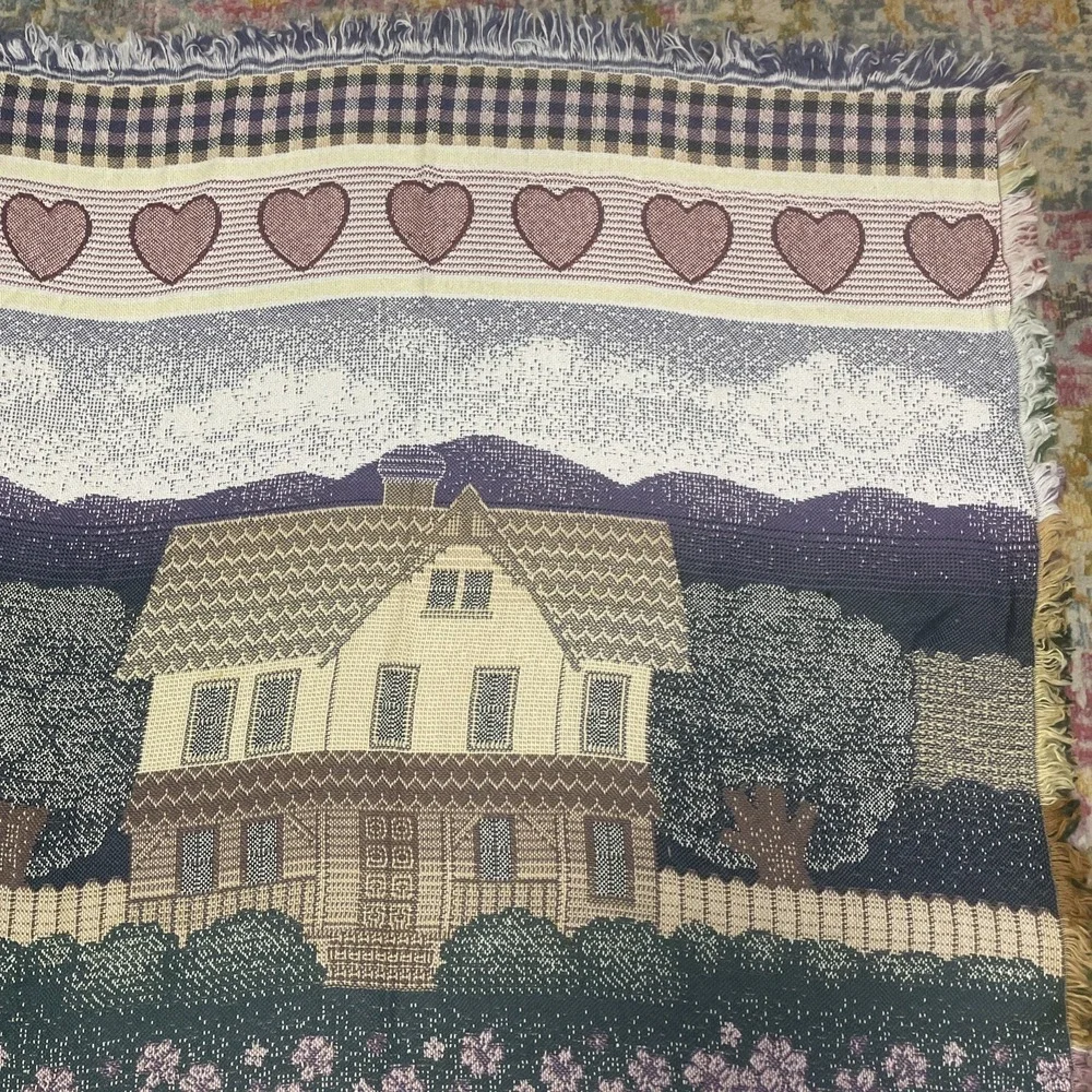 Vintage Cottage Tapestry Throw Blanket Hearts Checkered 52